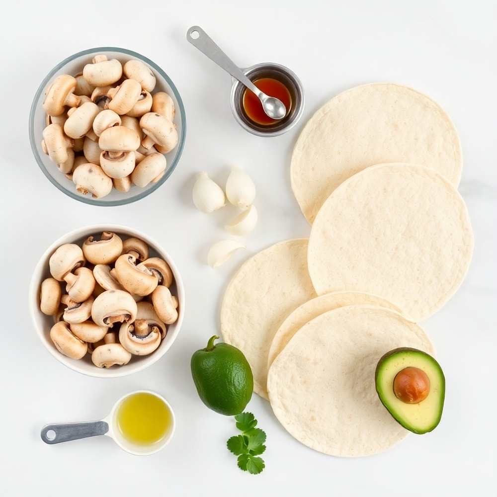 Raw ingredients for Mushroom Tacos on a white marble surface
