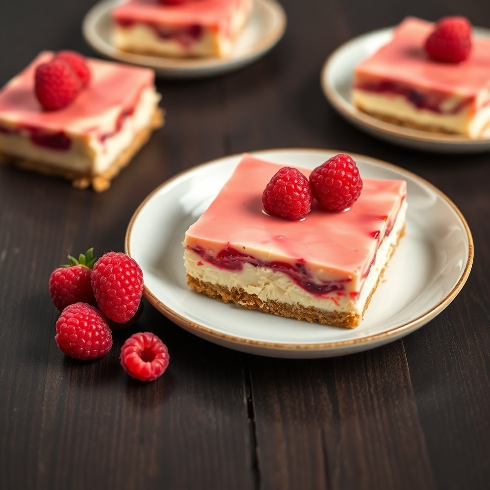 No Bake Rhubarb Cheesecake Squares plated with a raspberry garnish