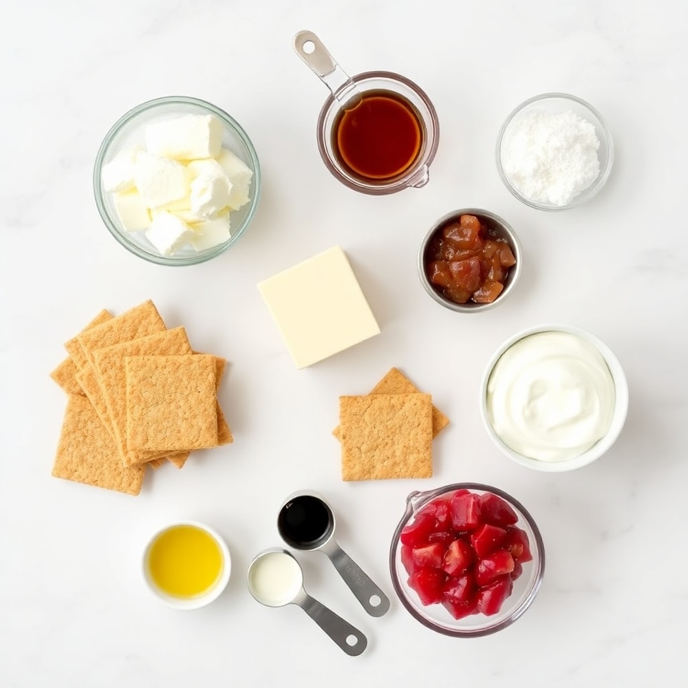 Raw ingredients for No Bake Rhubarb Cheesecake Squares on a white marble surface