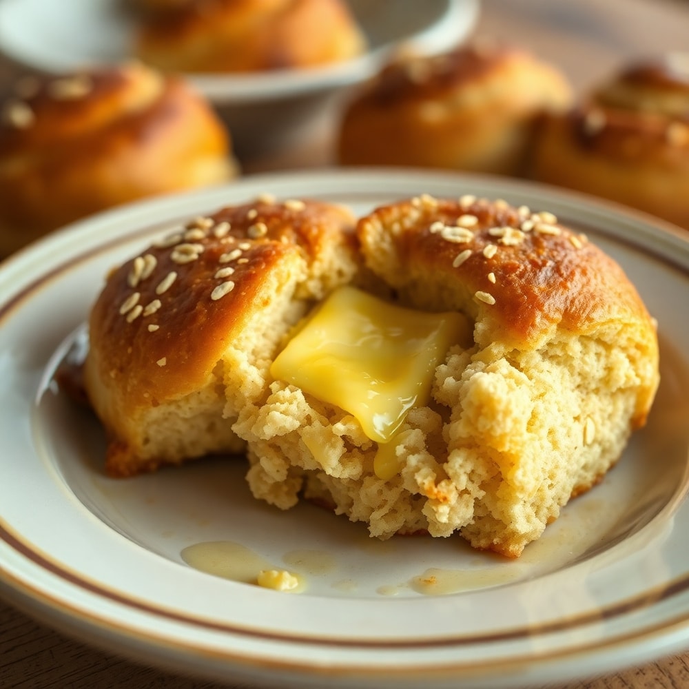 Plated Oatmeal Molasses Rolls with butter
