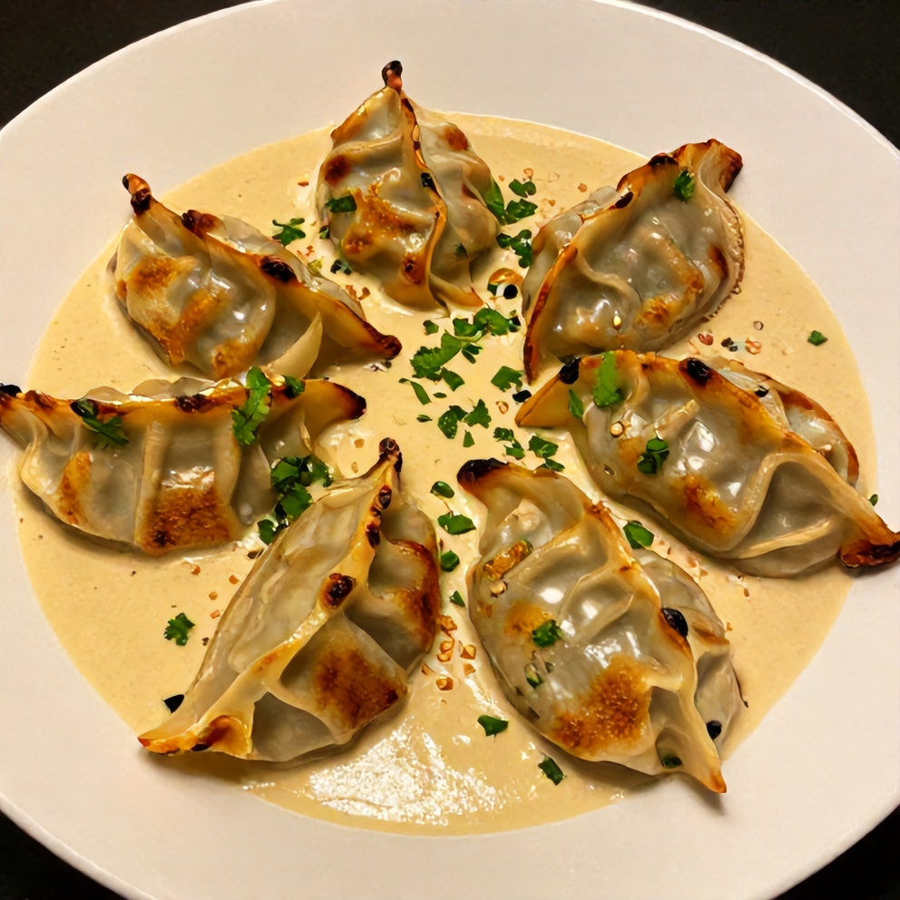 Plated one pan baked dumplings with coconut curry sauce