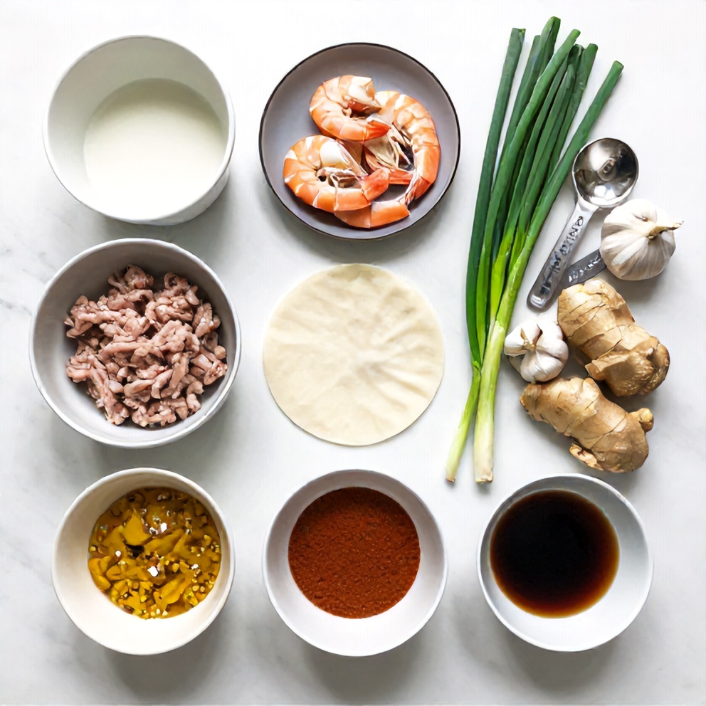 Raw ingredients for one pan baked dumplings with coconut curry sauce