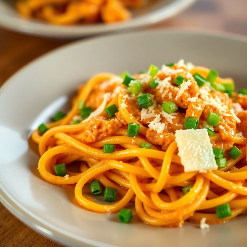 Plated One Pot Buffalo Chicken Pasta with green onions and Parmesan