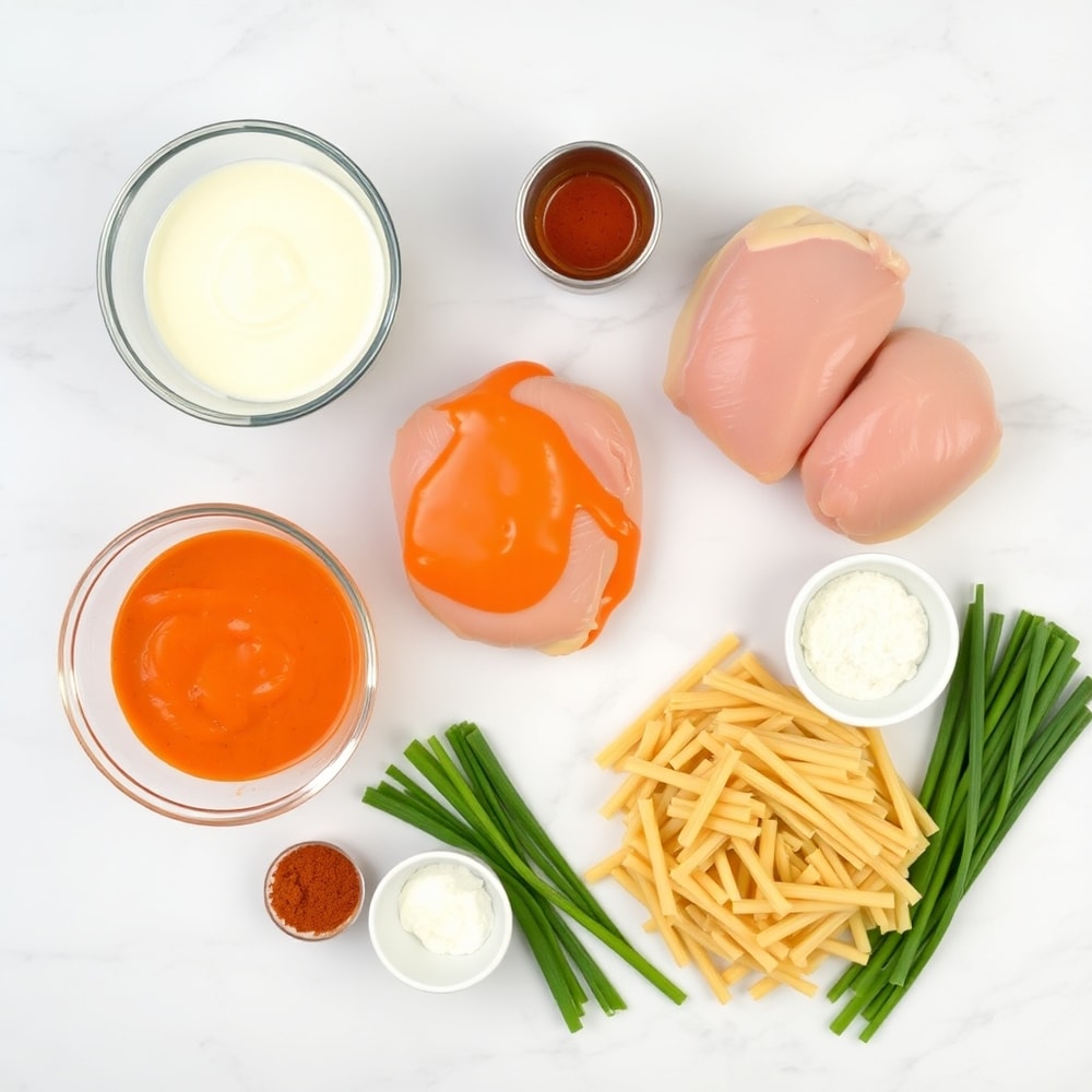 Raw ingredients for One Pot Buffalo Chicken Pasta on marble surface