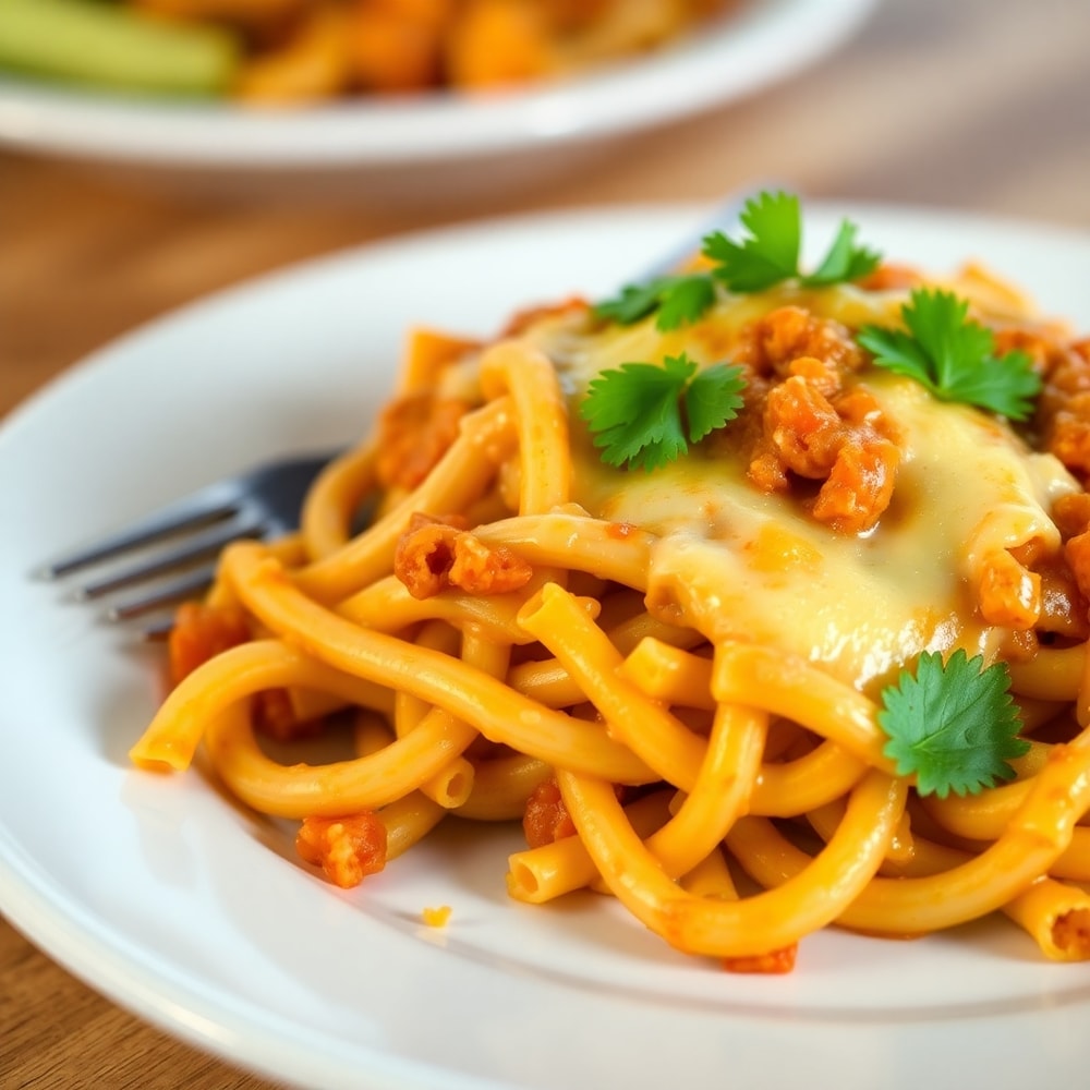 One Pot Cheesy Taco Pasta plated, melty cheese, garnished with fresh cilantro, warm side lighting