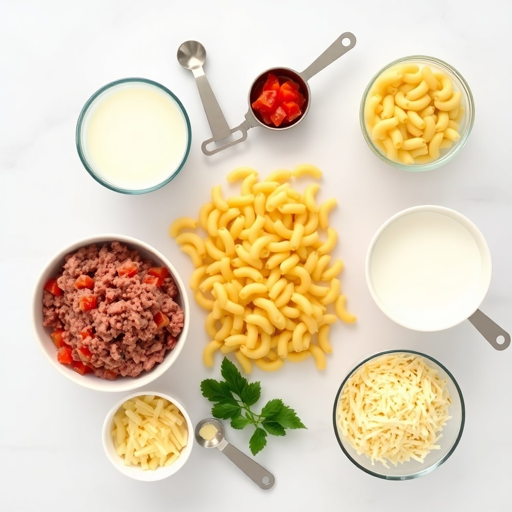 Raw ingredients for One Pot Cheesy Taco Pasta, measuring spoons, prep bowls, bright light
