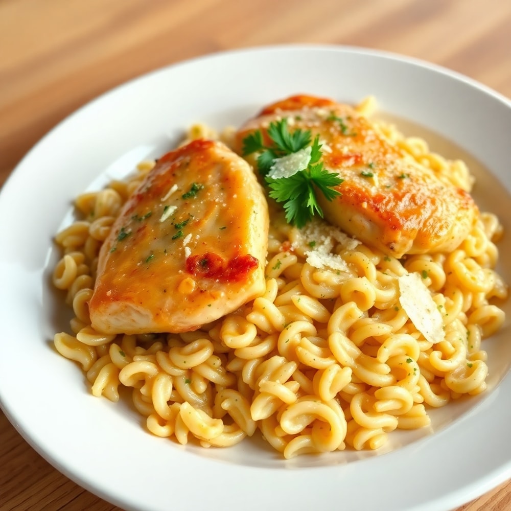 One Pot Chicken Orzo plated with golden chicken and creamy orzo