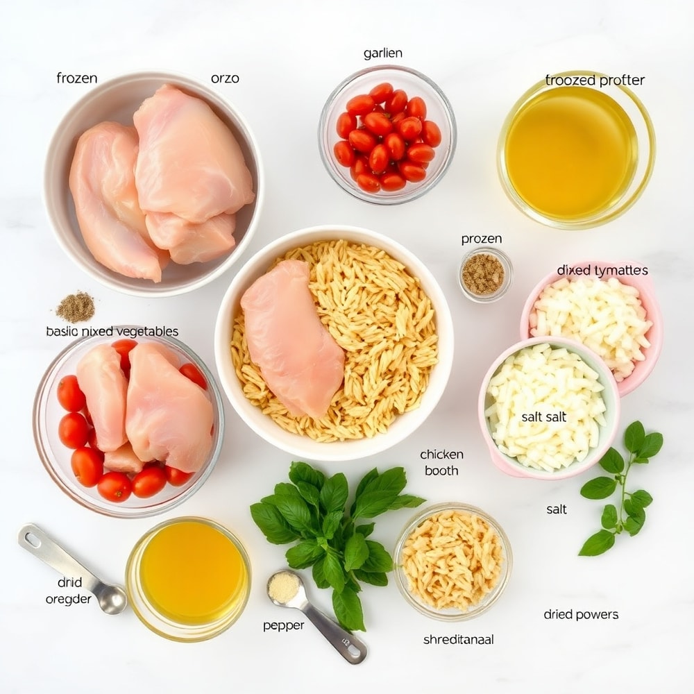 Raw ingredients for One Pot Chicken Orzo including chicken, orzo, and vegetables