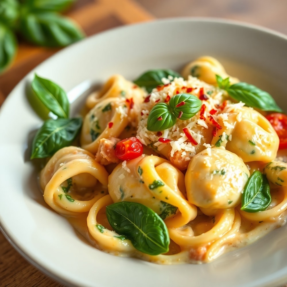 Plated Creamy Spinach Tomato Tortellini with fresh basil