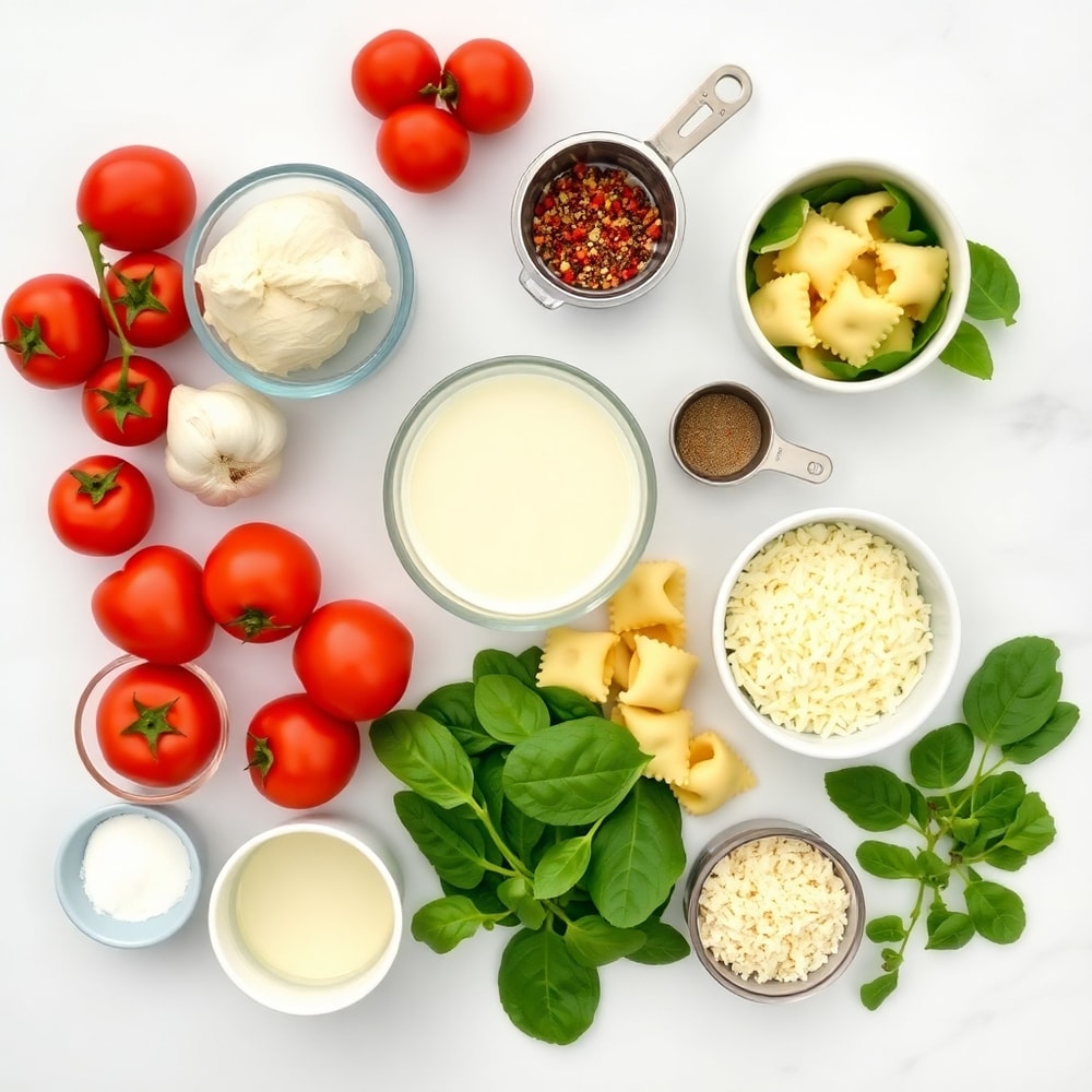 Raw ingredients for Creamy Spinach Tomato Tortellini