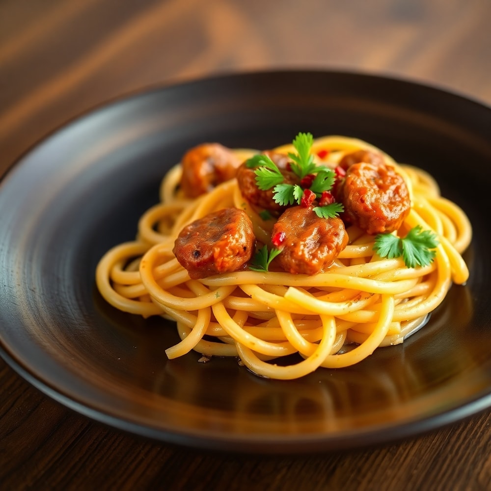 Plated serving of One-Pot Honey BBQ Sausage Pasta with melted cheese and crispy sausage
