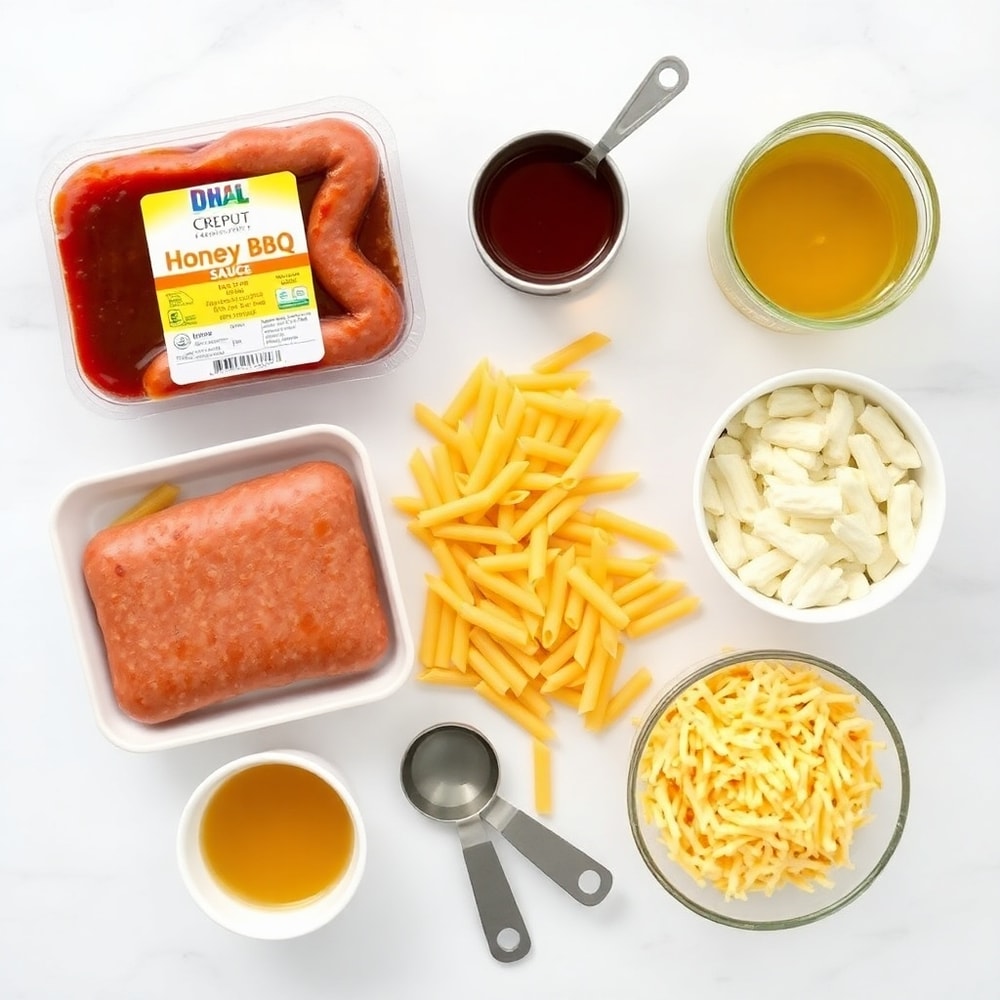 Raw ingredients for One-Pot Honey BBQ Sausage Pasta, including sausage, pasta, and BBQ sauce