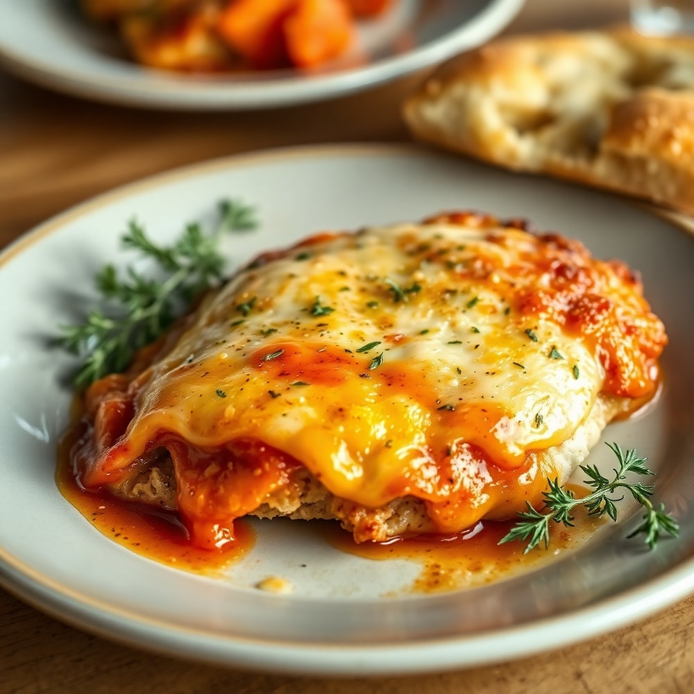 Plated serving of crispy oven-baked chicken parmesan with garlic parmesan focaccia