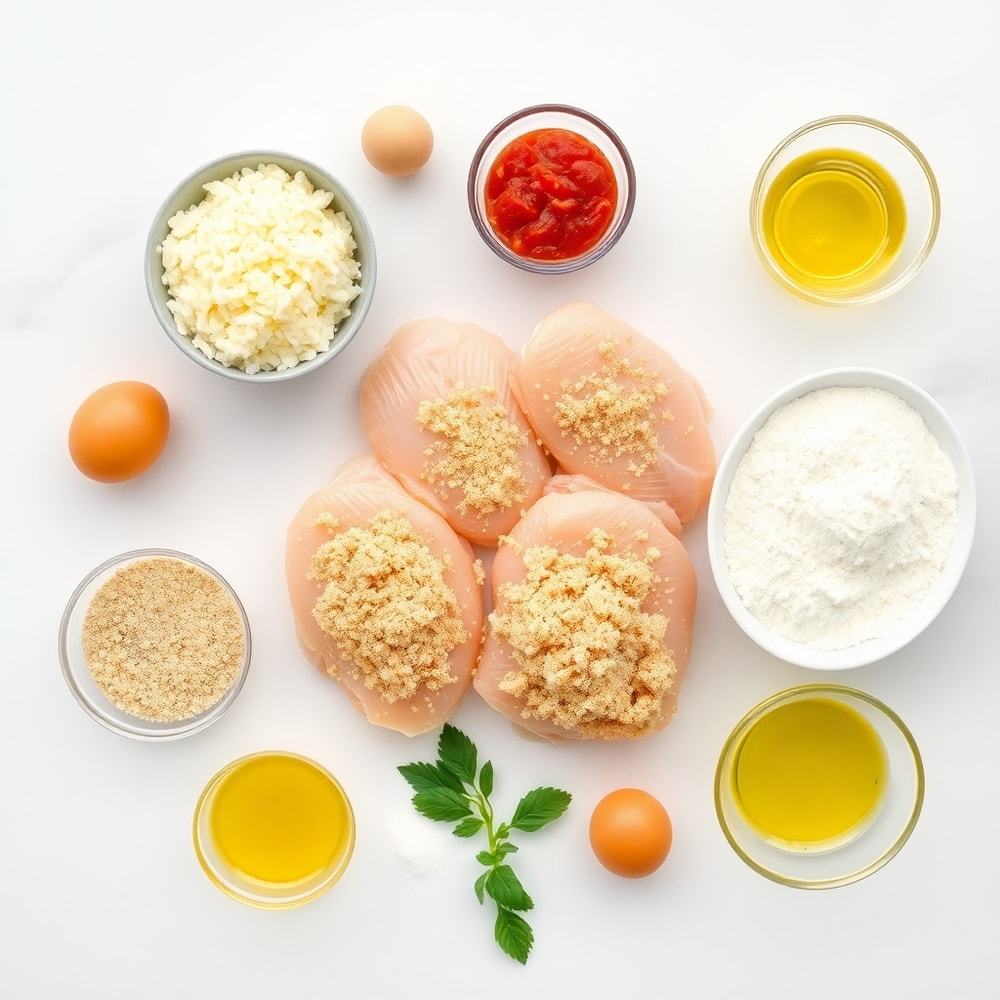 Raw ingredients for oven-baked chicken parmesan: chicken breasts, breadcrumbs, parmesan cheese, marinara sauce, mozzarella cheese, eggs, flour, salt, pepper, olive oil