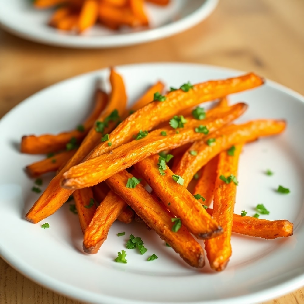 Crispy oven baked sweet potato fries on a plate