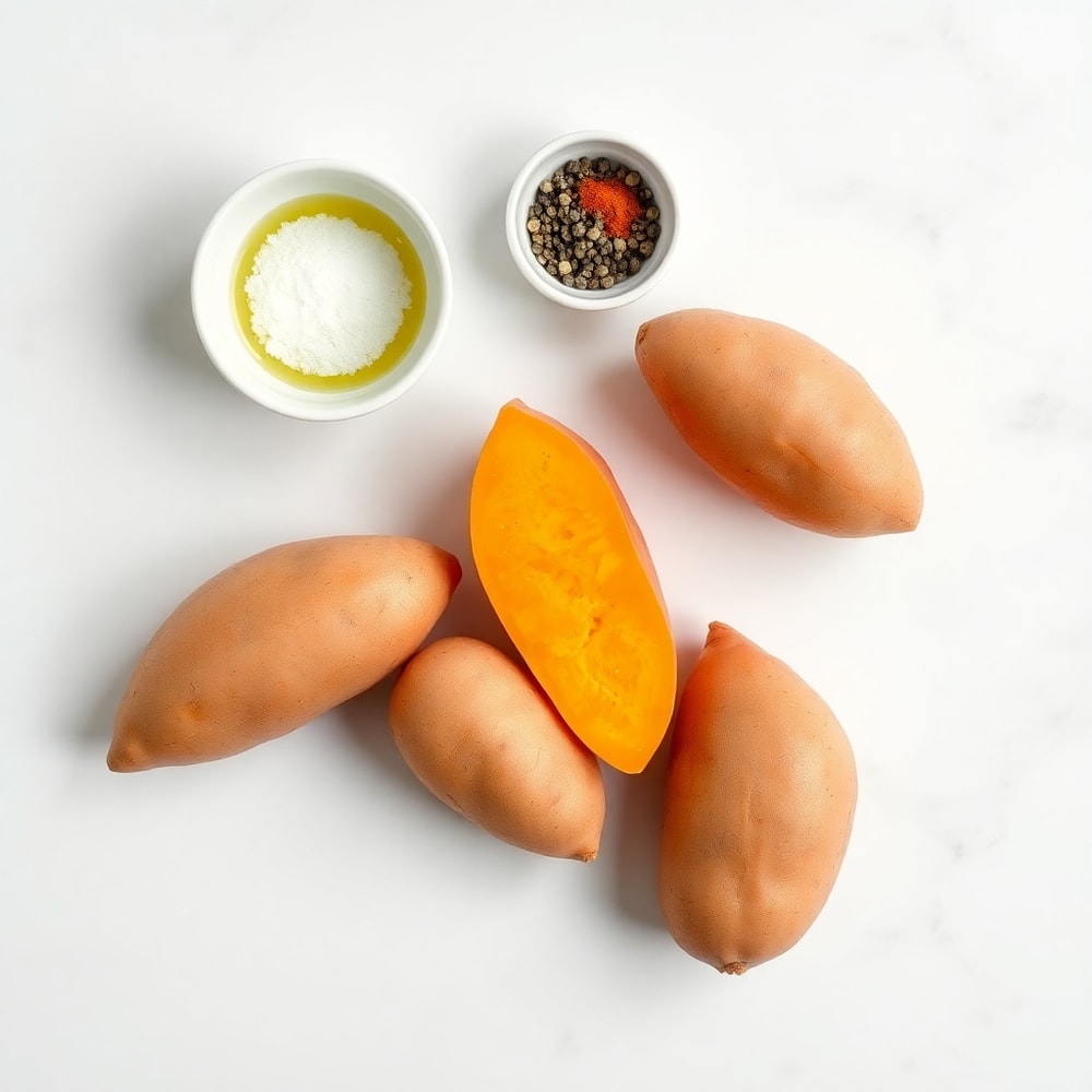 Sweet potato fries ingredients arranged on a white marble surface