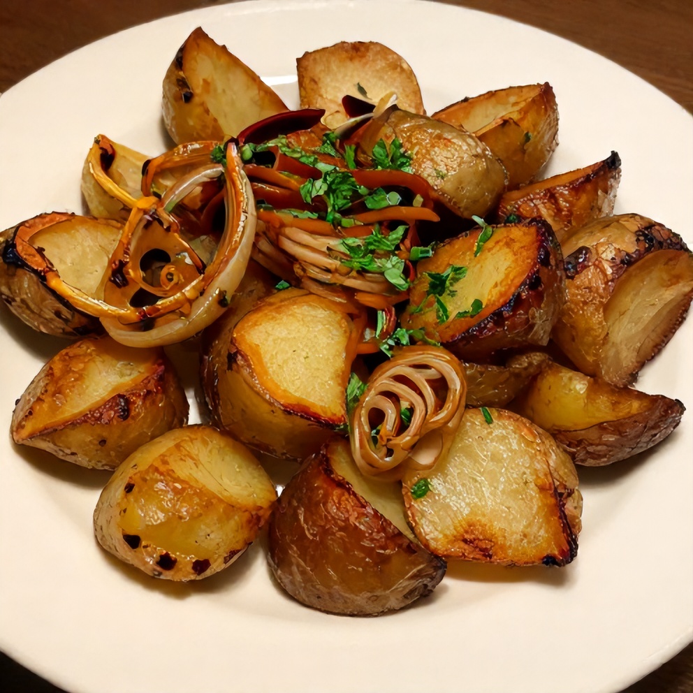 Plated serving of crispy oven-roasted potatoes and onions
