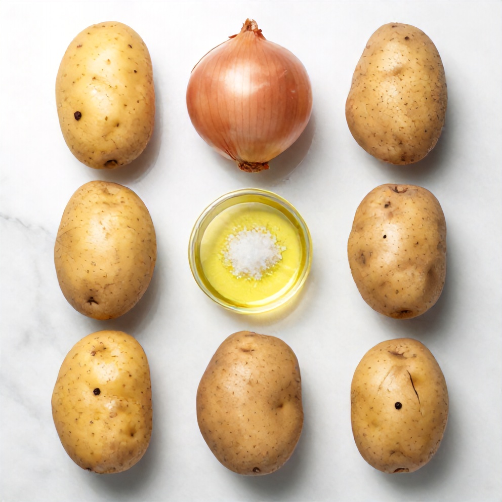 Raw potatoes, onions, olive oil, salt, and pepper arranged in a flat lay
