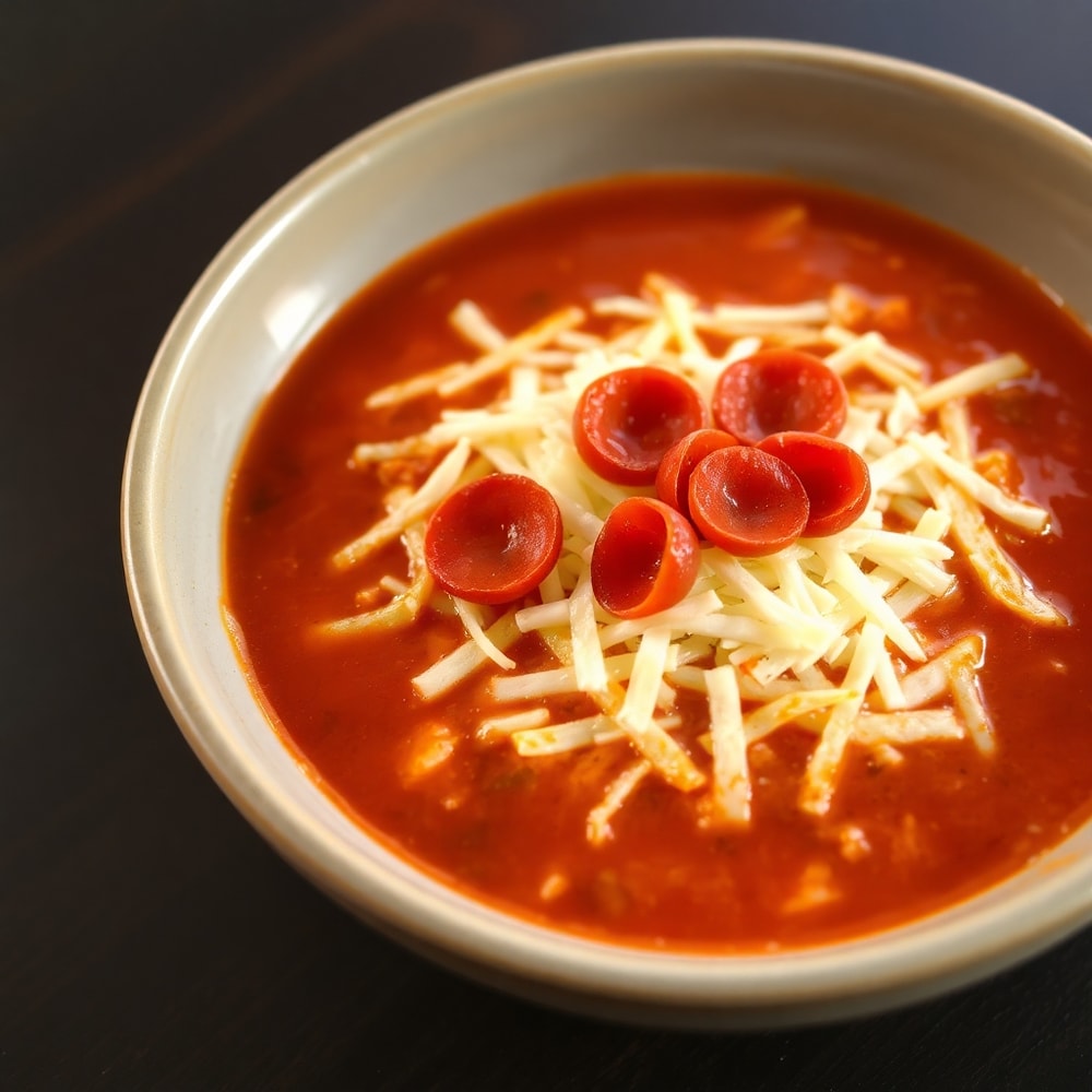 Paleo Pizza Soup served in a bowl with a side of garlic bread