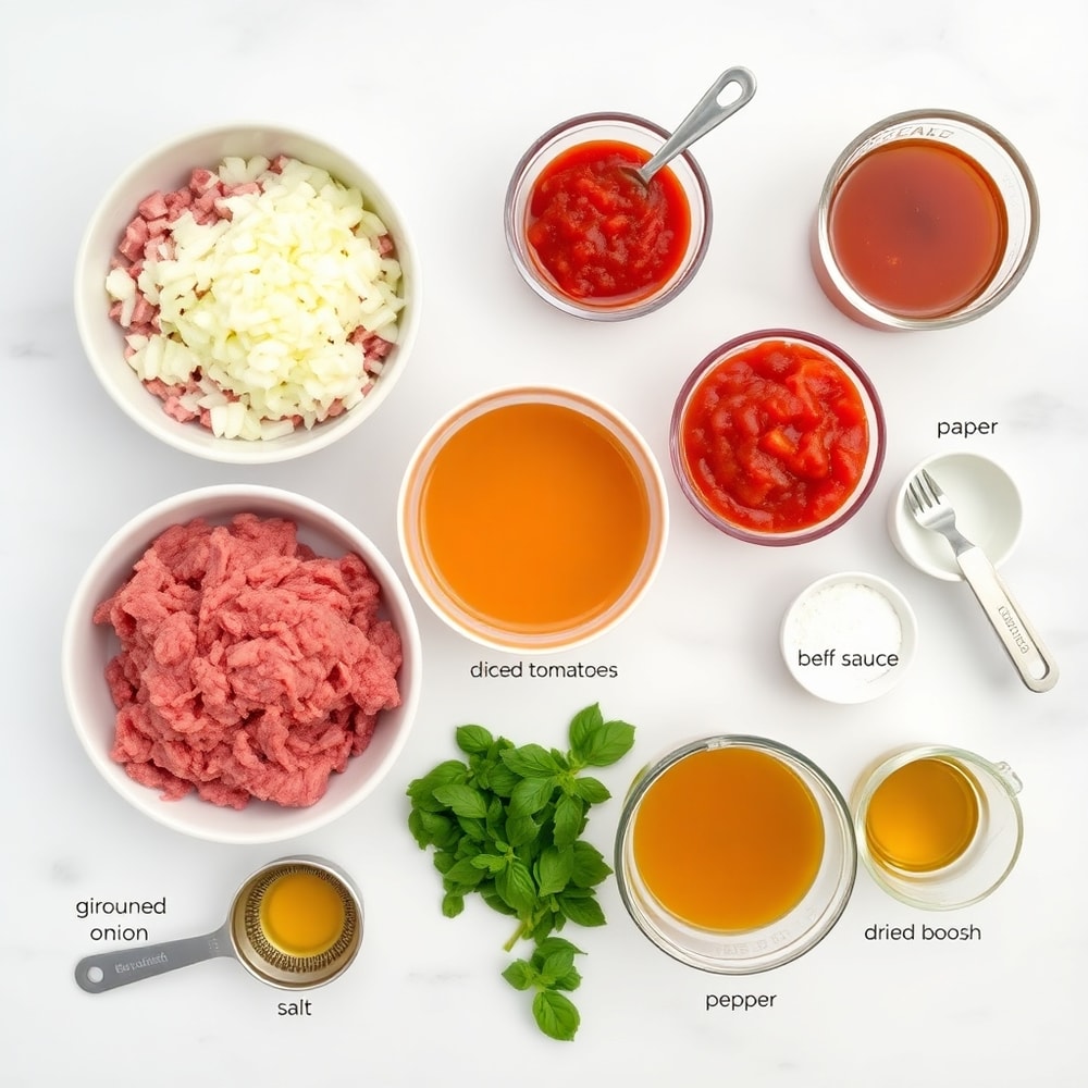Raw ingredients for Paleo Pizza Soup including ground beef, diced tomatoes, and pizza sauce