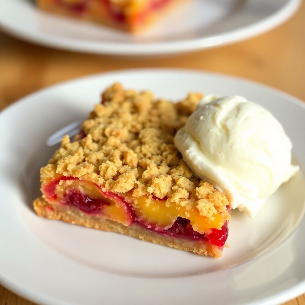 Plated Peach Raspberry Crumb Bars with a scoop of vanilla ice cream
