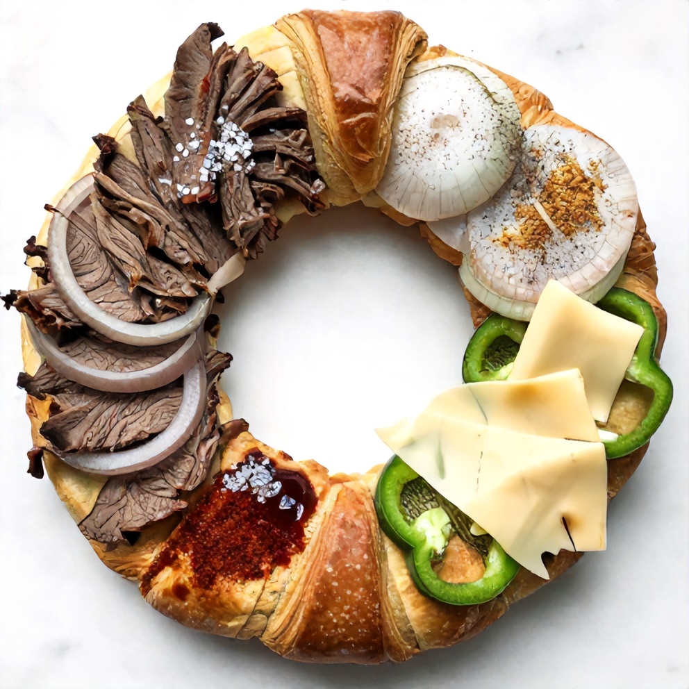 Raw ingredients for Philly Cheesesteak Crescent Ring on a marble surface