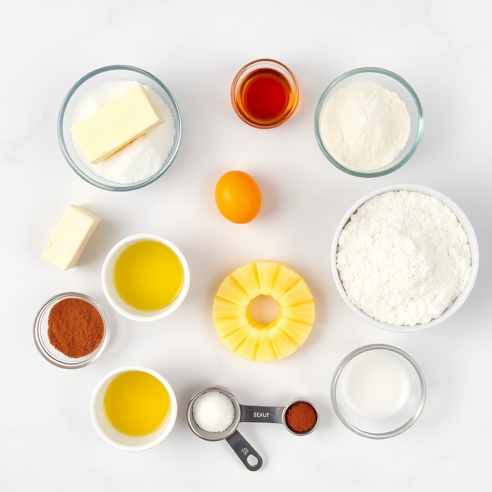 Raw ingredients for pineapple upside down sugar cookies on a marble surface