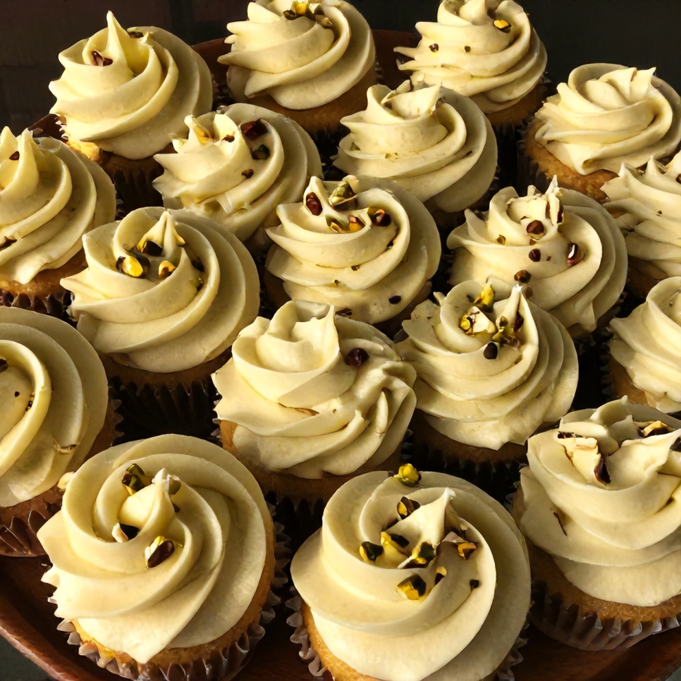 Pistachio Mascarpone Frosting on a cupcake