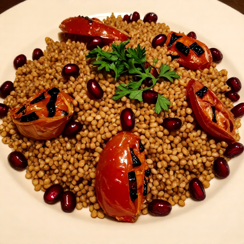 Pomegranate Bulgur Salad with Roasted Tomatoes