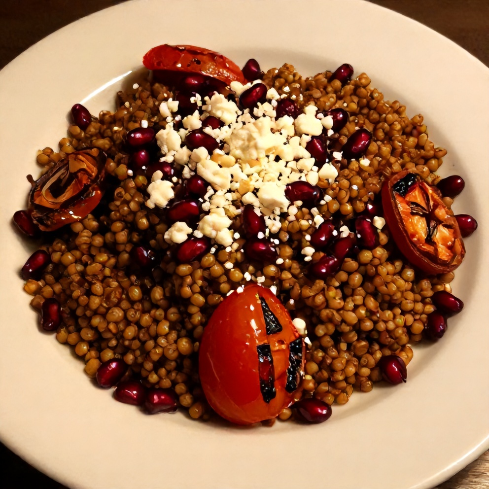 Plated Pomegranate Bulgur Salad with Roasted Tomatoes