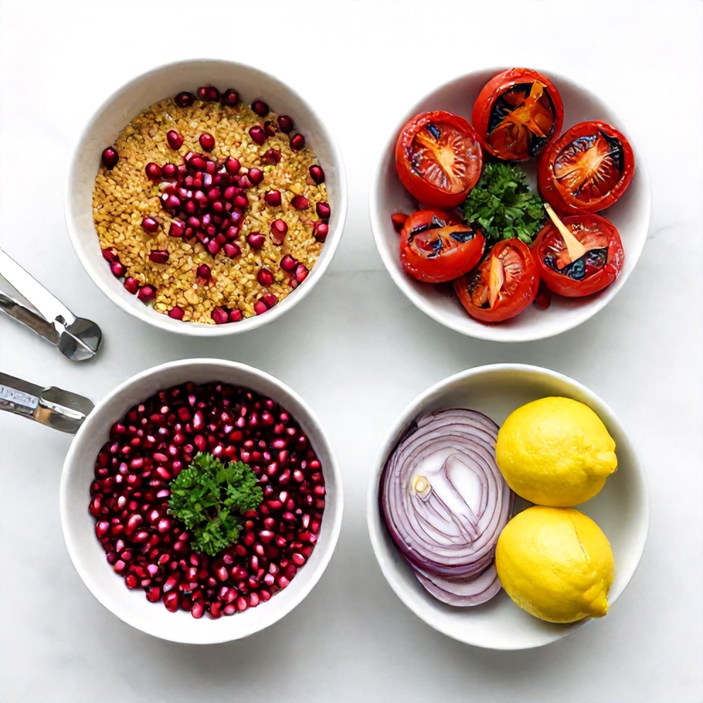 Raw ingredients for Pomegranate Bulgur Salad with Roasted Tomatoes