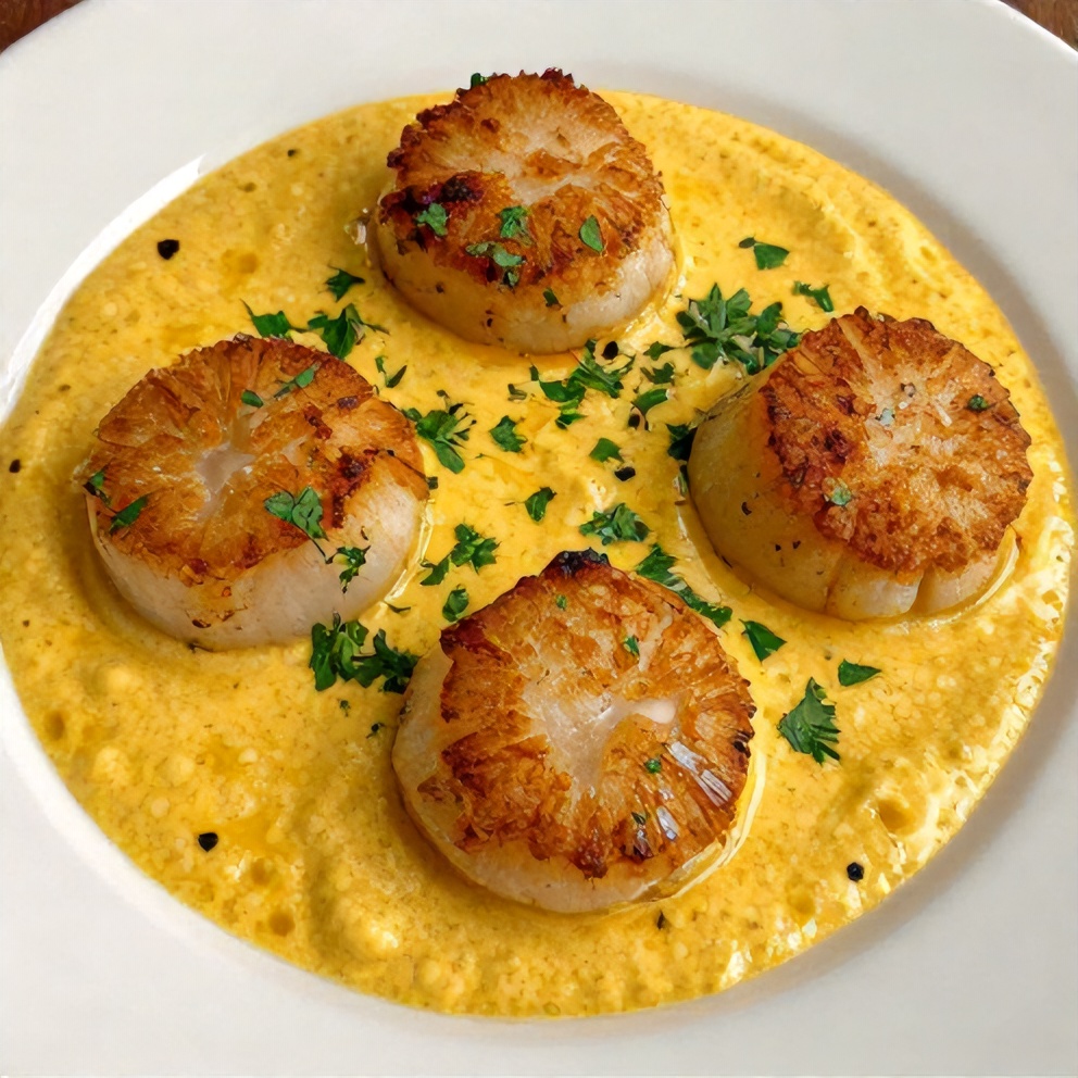 Plated Cajun Scallops with Mustard Sauce