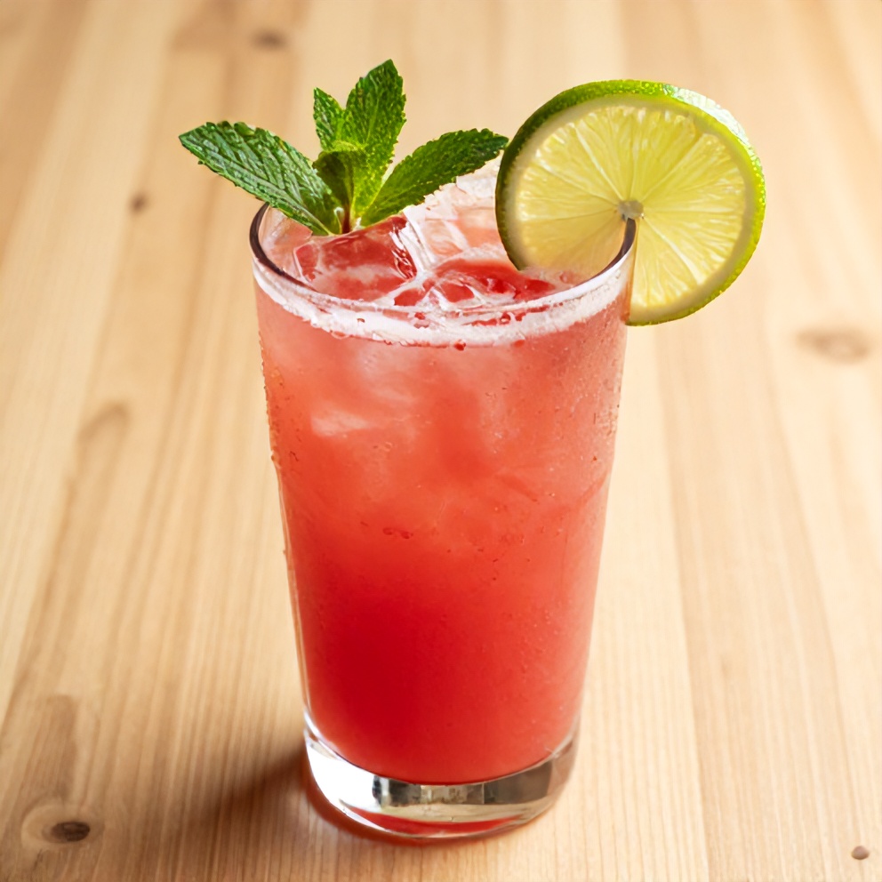 Glass of Watermelon Rose Cooler garnished with a lime wheel and mint sprig