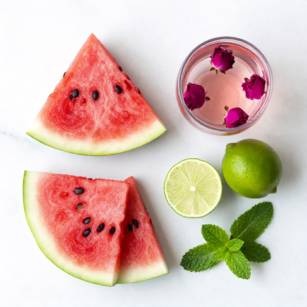 Ingredients for Watermelon Rose Cooler including watermelon, rose water, lime, and mint