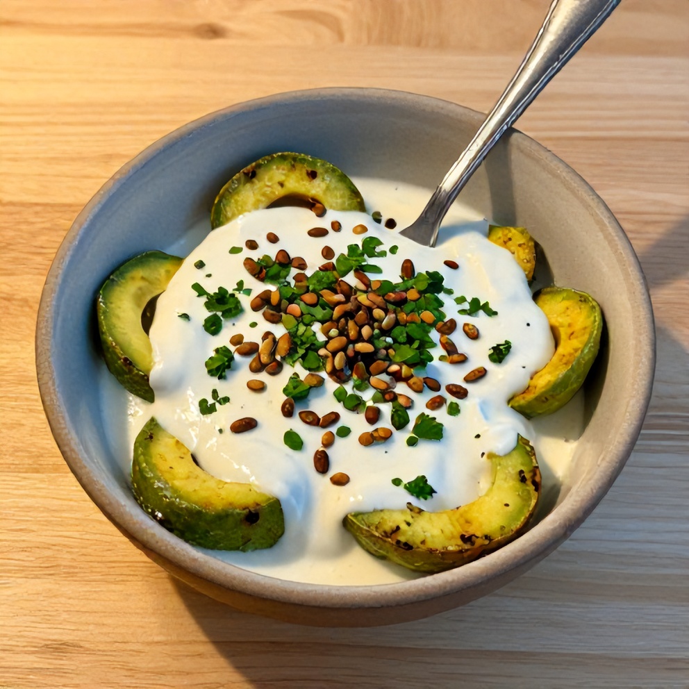 Plated Roasted Tomatillo Avocado Crema with Pepitas