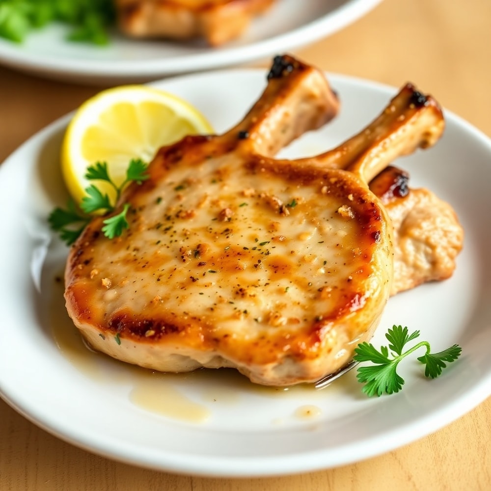 Plated Sheet Pan Lemon Garlic Pork Chops