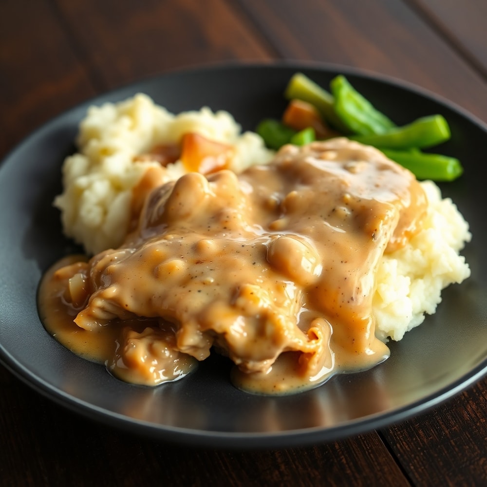 Plated Slow Cooker Chicken and Gravy with mashed potatoes and steamed vegetables