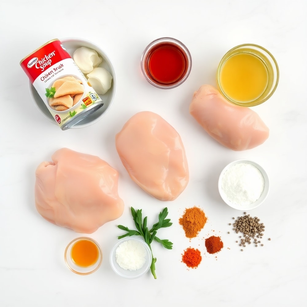 Raw ingredients for Slow Cooker Chicken and Gravy including chicken, cream of chicken soup, and chicken broth