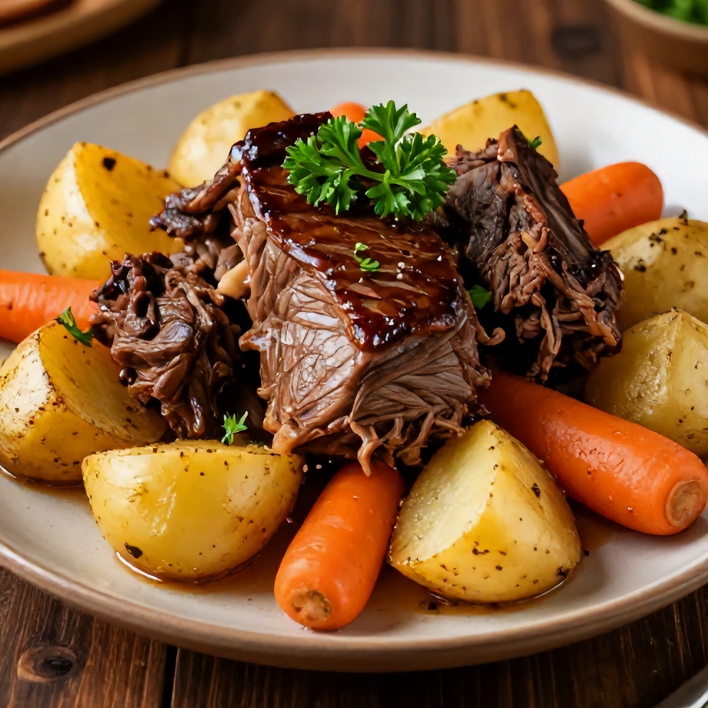 Plated Slow Cooker Chuck Roast with Vegetables