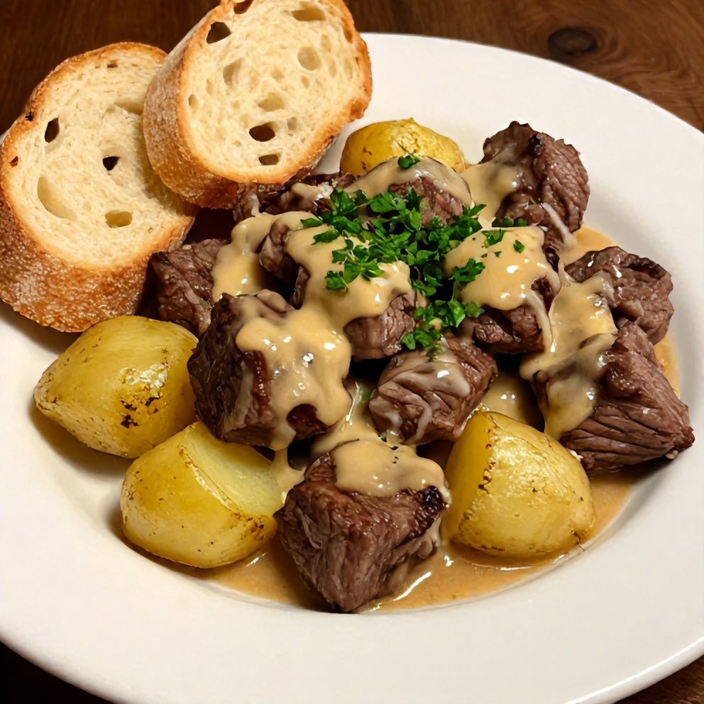 Plated garlic butter beef bites and potatoes