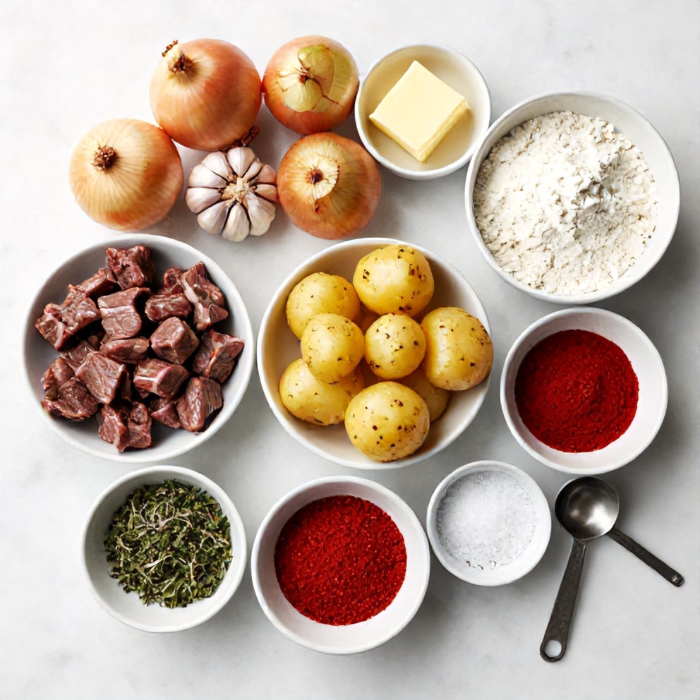 Raw ingredients for garlic butter beef bites and potatoes
