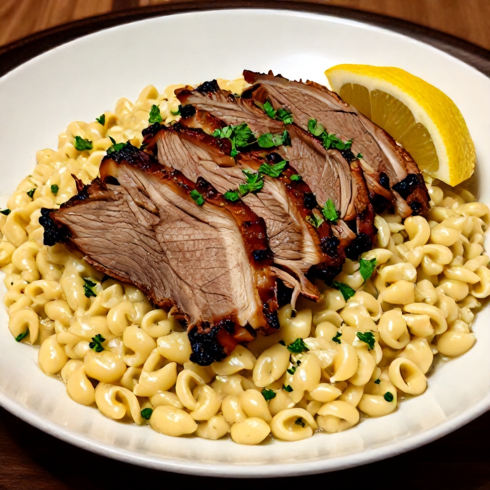 Plated Serving of Slow Roasted Lamb Shoulder with Lemon Orzo