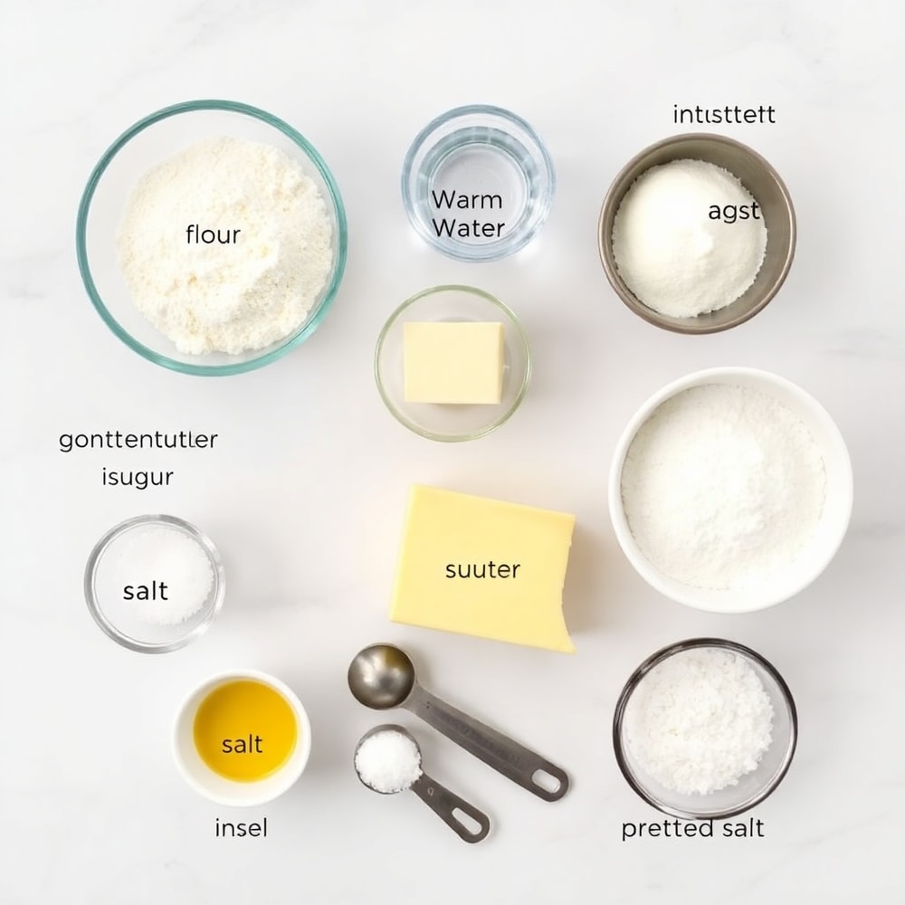 Raw ingredients for Soft Pretzel Bites on a marble surface
