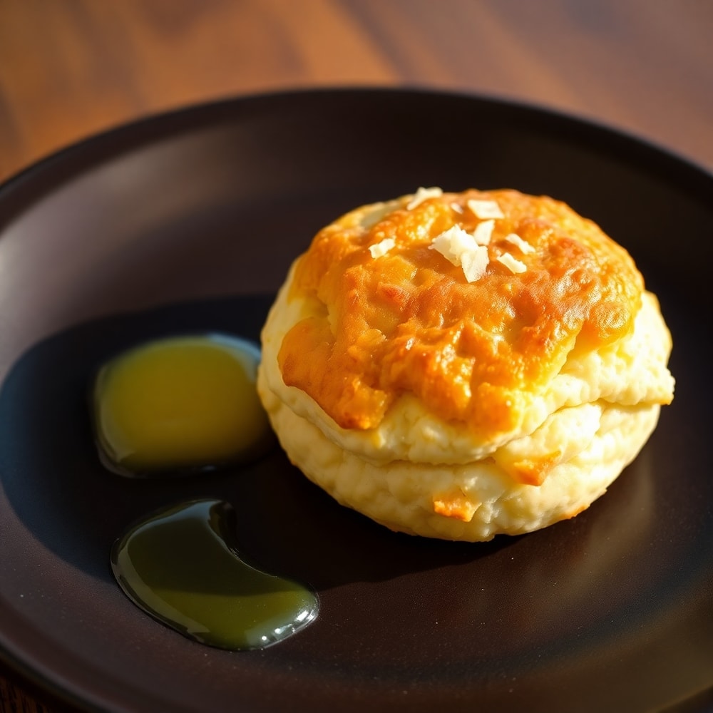 Close-up of a perfectly baked sour cream and onion biscuit