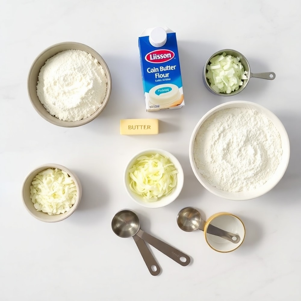 Raw ingredients for sour cream and onion biscuits on a marble counter
