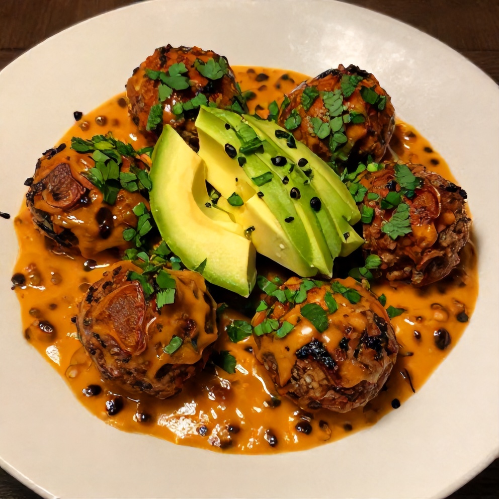 Plated Spicy Mexican Meatballs in Cheddar-Chile Sauce
