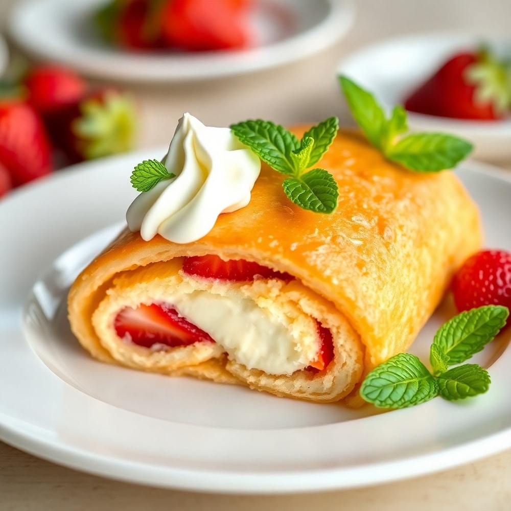 Strawberry Cheesecake Breakfast Roll on a plate with a fork