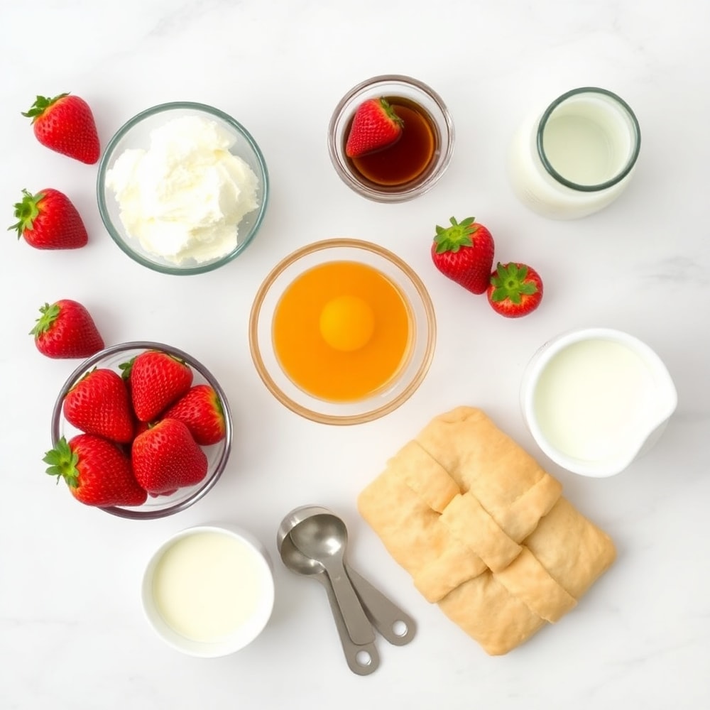 Ingredients for Strawberry Cheesecake Breakfast Rolls on a marble surface