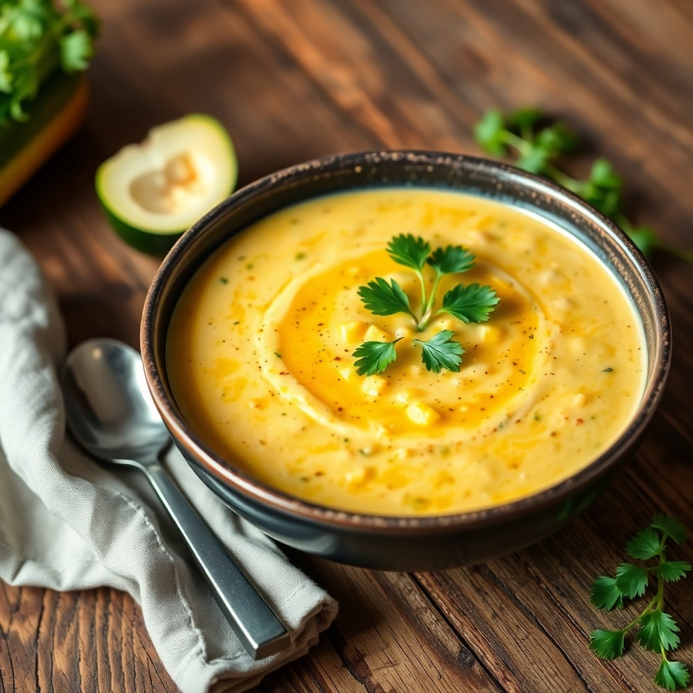 Bowl of Summer Corn and Zucchini Chowder garnished with fresh parsley, served on a rustic wooden table