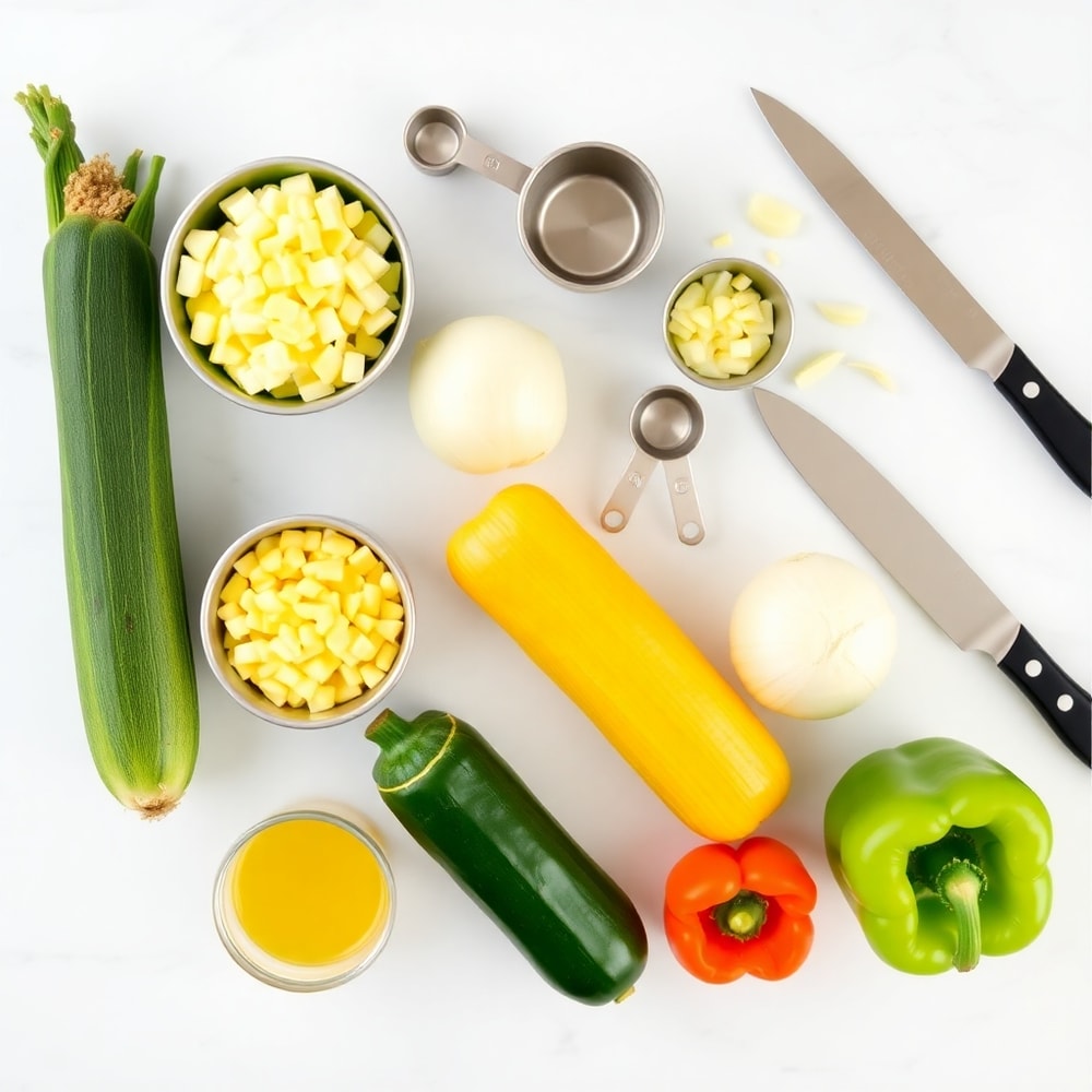 Raw ingredients for Summer Corn and Zucchini Chowder in a flat lay, including corn, zucchini, onion, garlic, and bell pepper